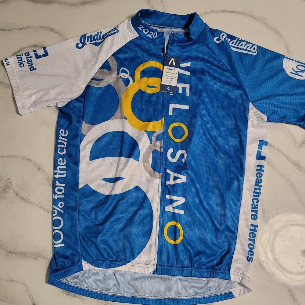 New Primal Cycling Bike Jersey Shirt Full Zip White Blue Velosano '20 Raglan SPF